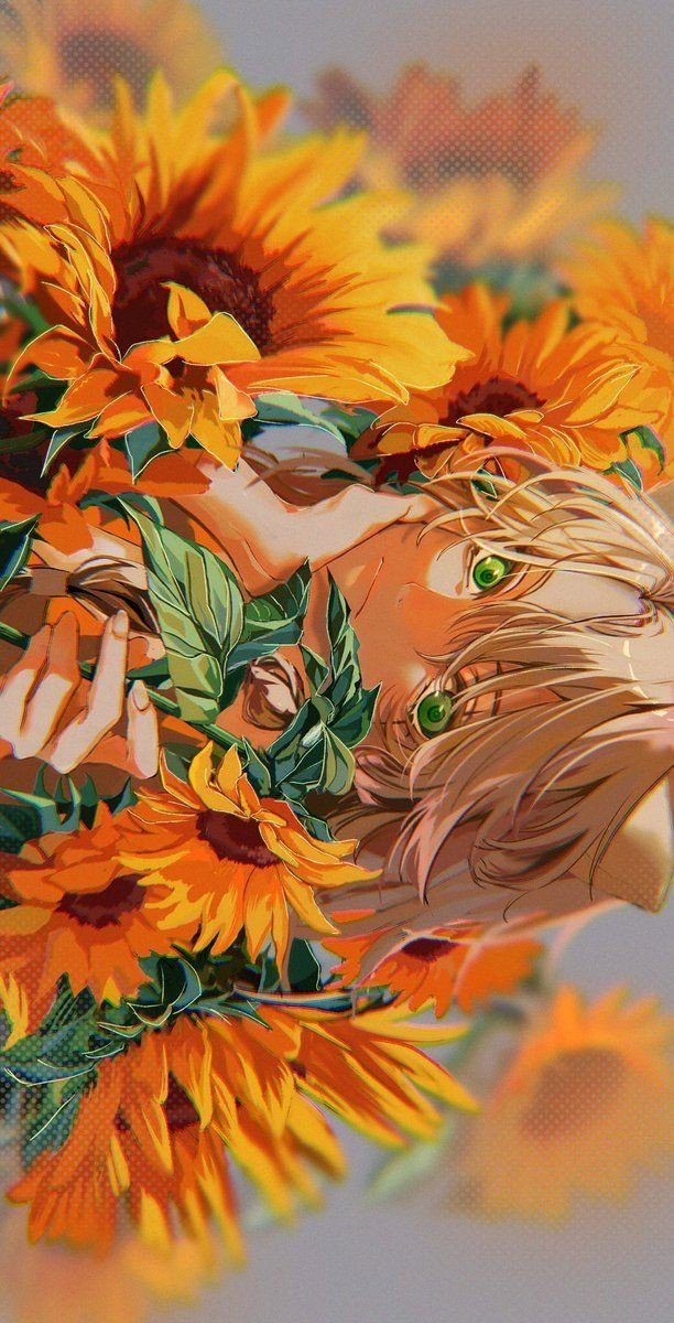 Подсолнухи - аниме, девушка, желтые подсолнухи, подсолнухи, цветы - оригинал