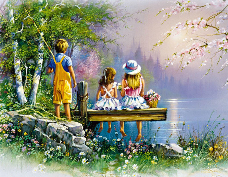 Андрес Орпинас. Рыбаки - андрес орпинас, пейзаж, дети - оригинал