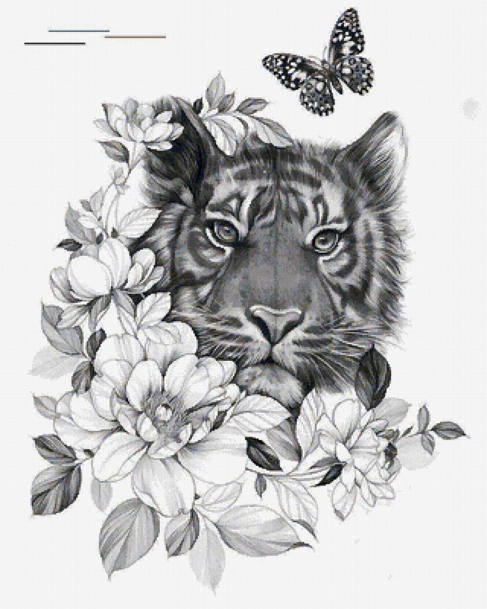 Тигр в цветах тату эскиз