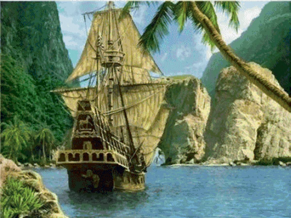 Остров пиратов. Пиратский корабль. Корабль и остров. Пиратский остров. Парусник в бухте.