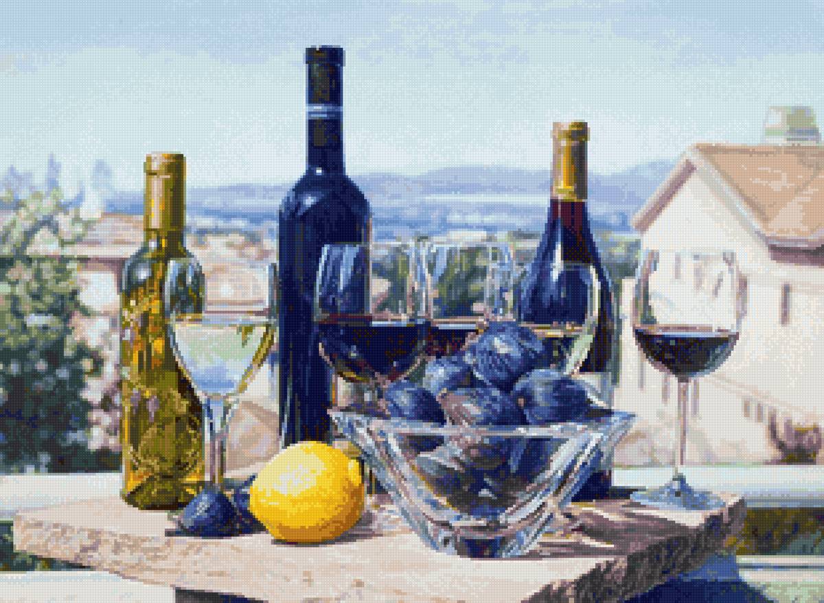 Натюрморт с вином - горы, натюрморт, бокал, природа, вино - предпросмотр