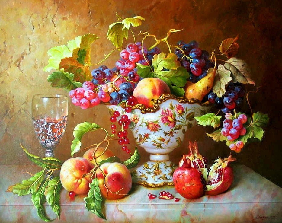 Старинный натюрморт - художник живопись, виноград, груша, персик, граната - оригинал