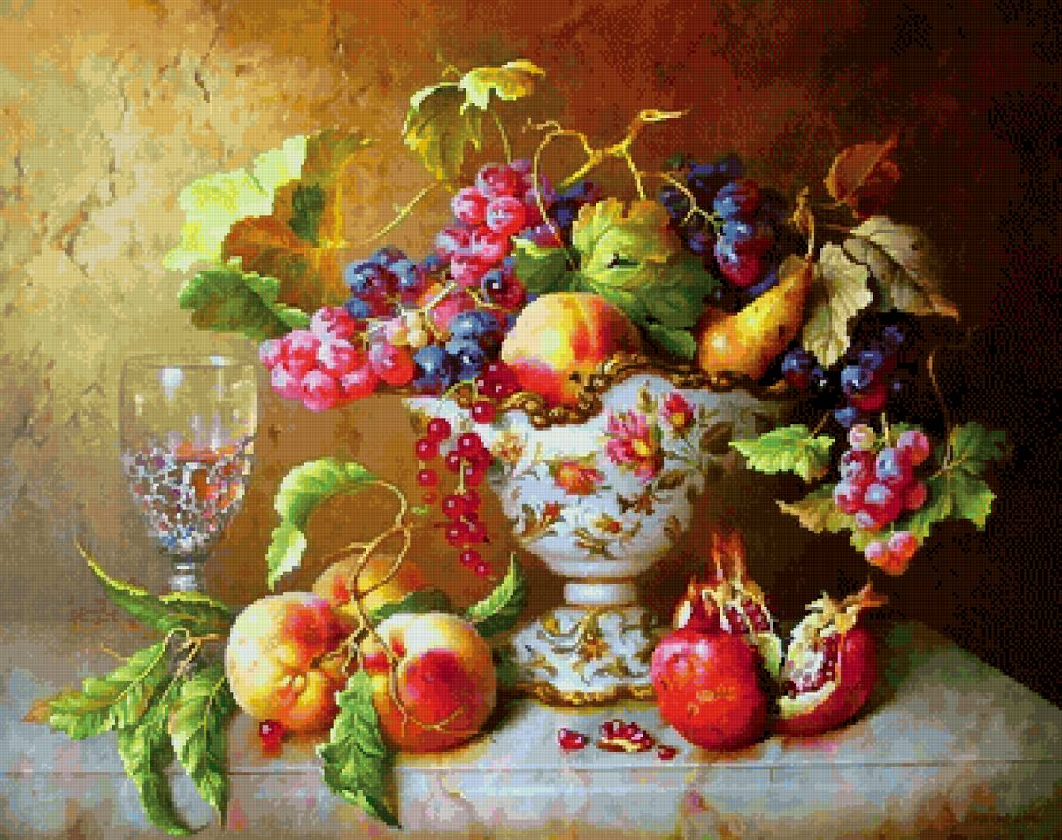 Старинный натюрморт - виноград, художник живопись, граната, груша, персик - предпросмотр