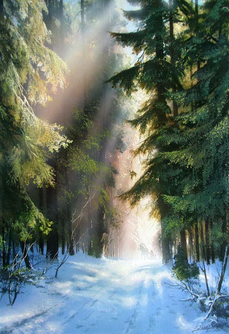 Снежный лес - рассвет, утро, лес, пейзаж, зима, акварель - оригинал