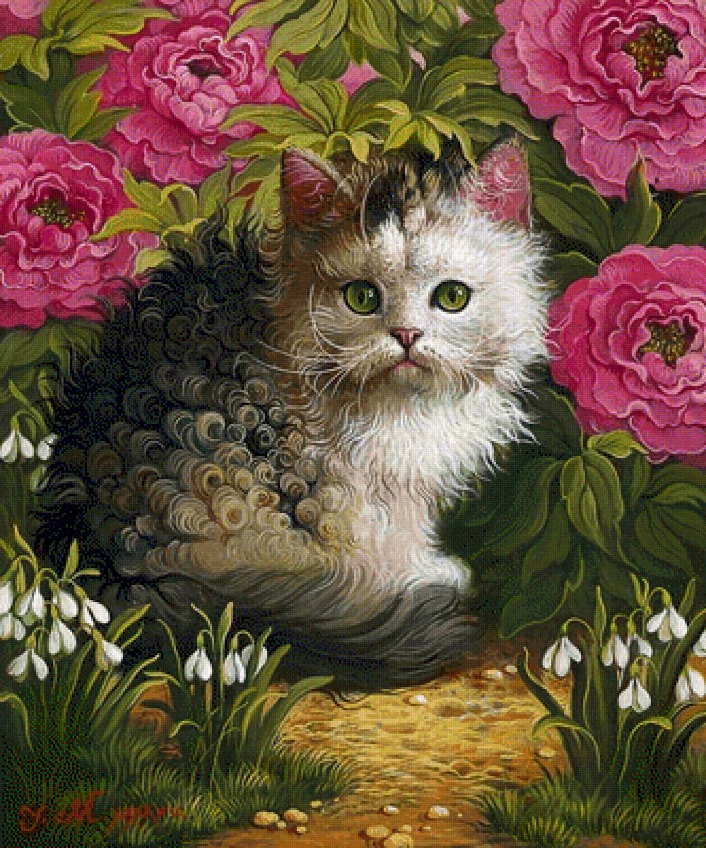 Кудряшка - котенок, цветы, кошки, рисунок, животные - предпросмотр
