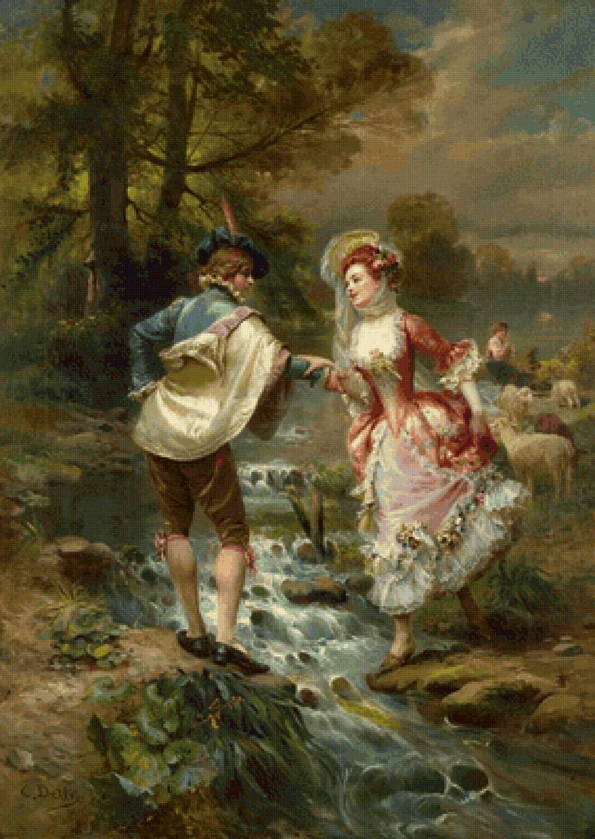 У ручья - живопись, пастораль, люди, двое - предпросмотр