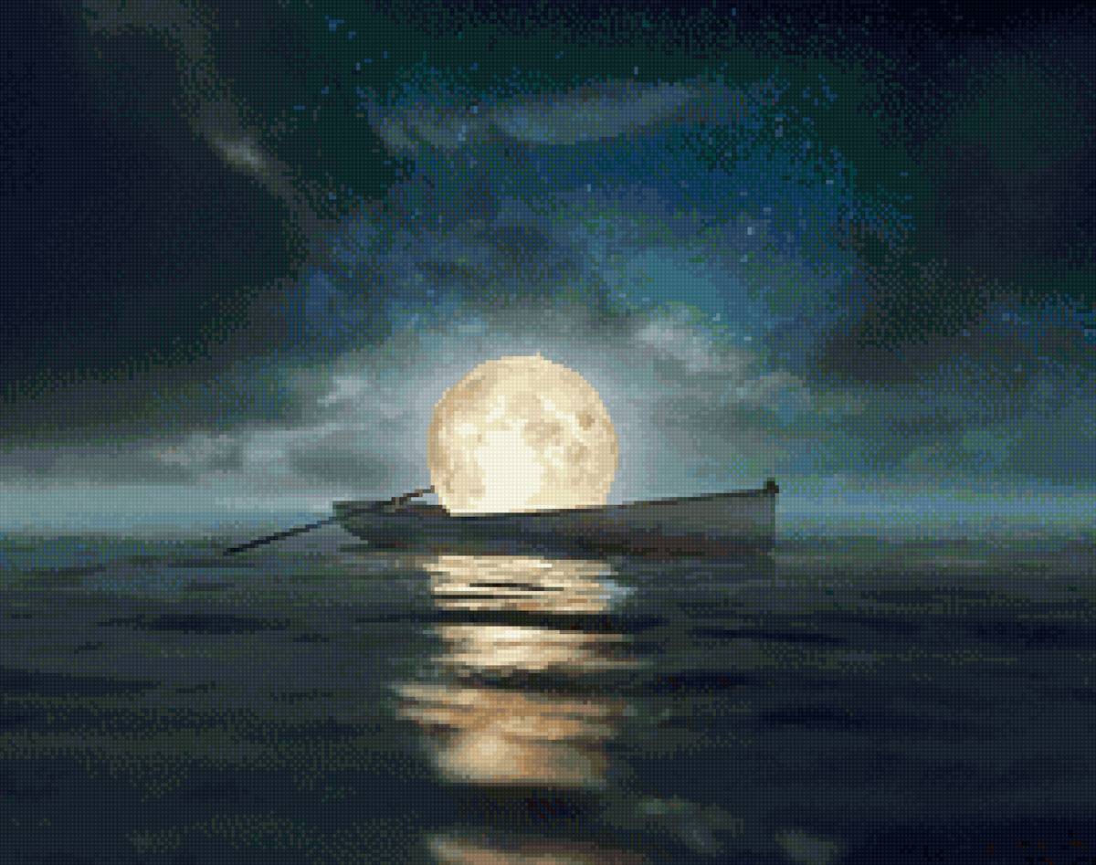 луна в лодке - луна, ночь, море, лодка - предпросмотр