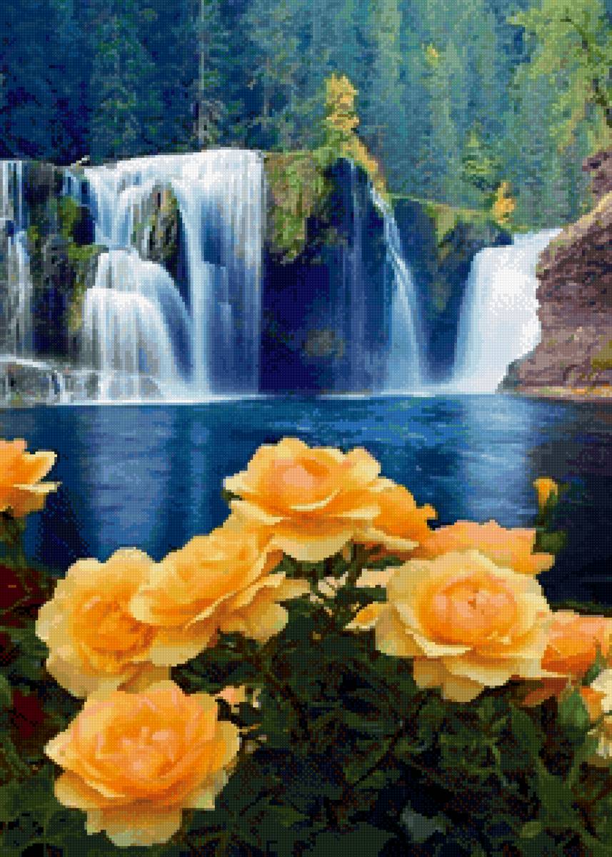 Водопад - цветы, вода, розы, водопад, природа - предпросмотр