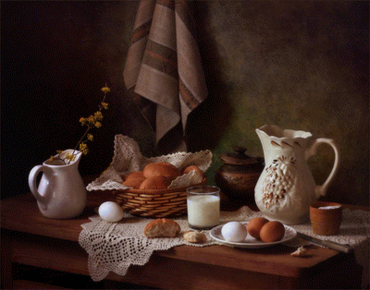 Кухонный - кухня, натюрморт, молоко, хлеб - предпросмотр