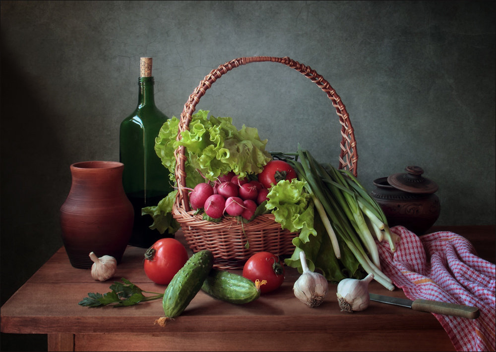 Овощной - корзина, огурцы, лук, натюрморт, кухня. овощи, помидоры - оригинал