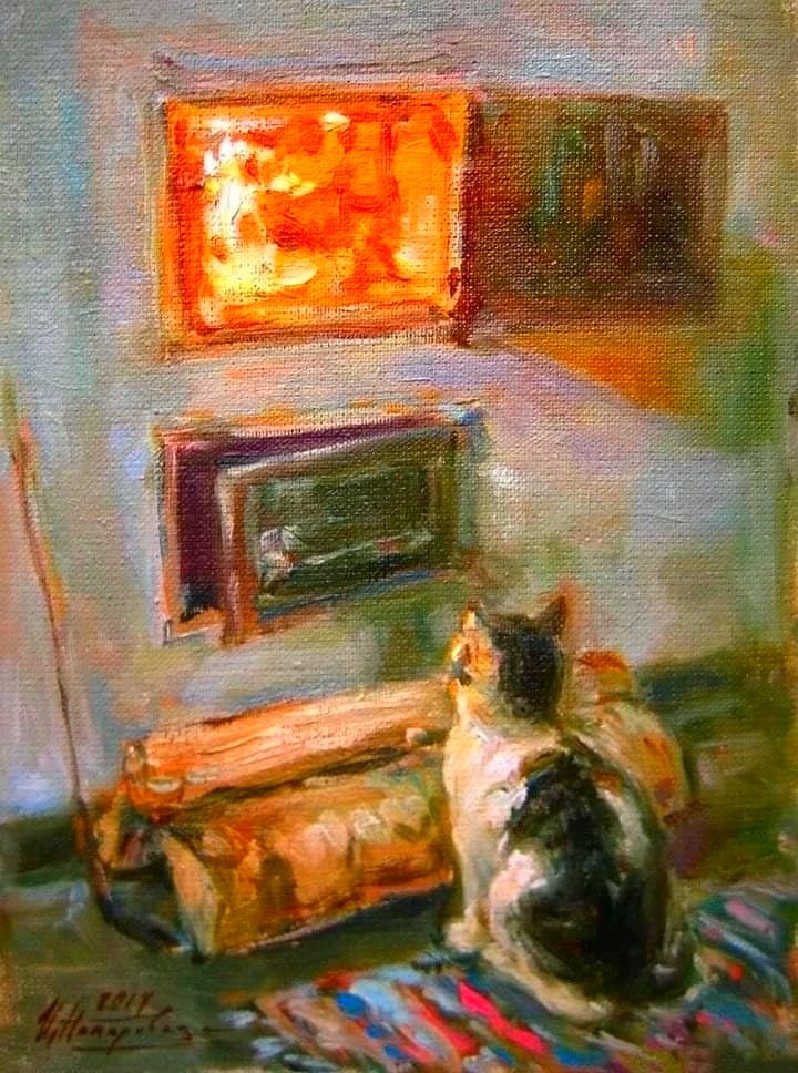 Котенок смотрит на огонь - котенок, огонь - оригинал