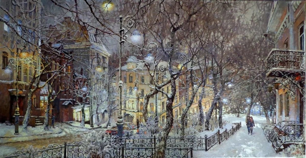 Серия "Владивосток" (Вечер снежного дня) Худ. Осиповы - зима, картина, город, владивосток - оригинал