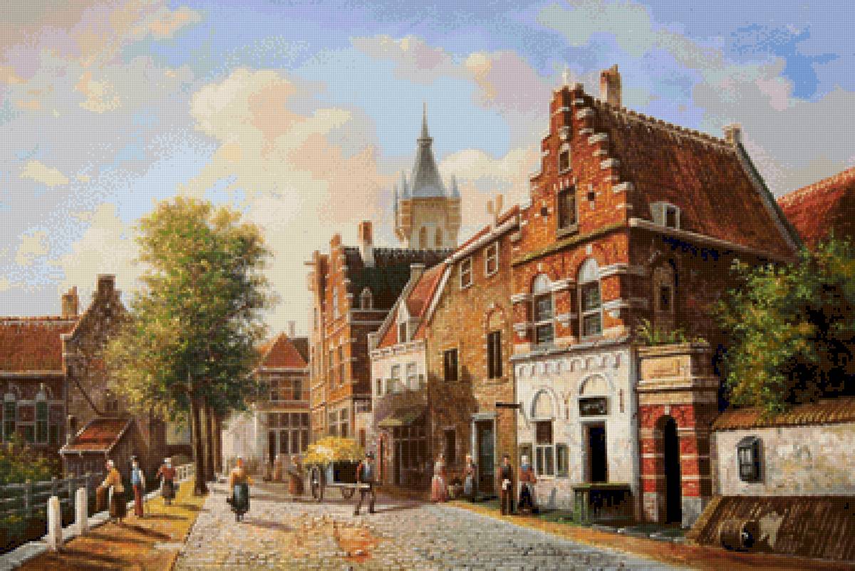 старая улица - пейзаж, картина, люди - предпросмотр