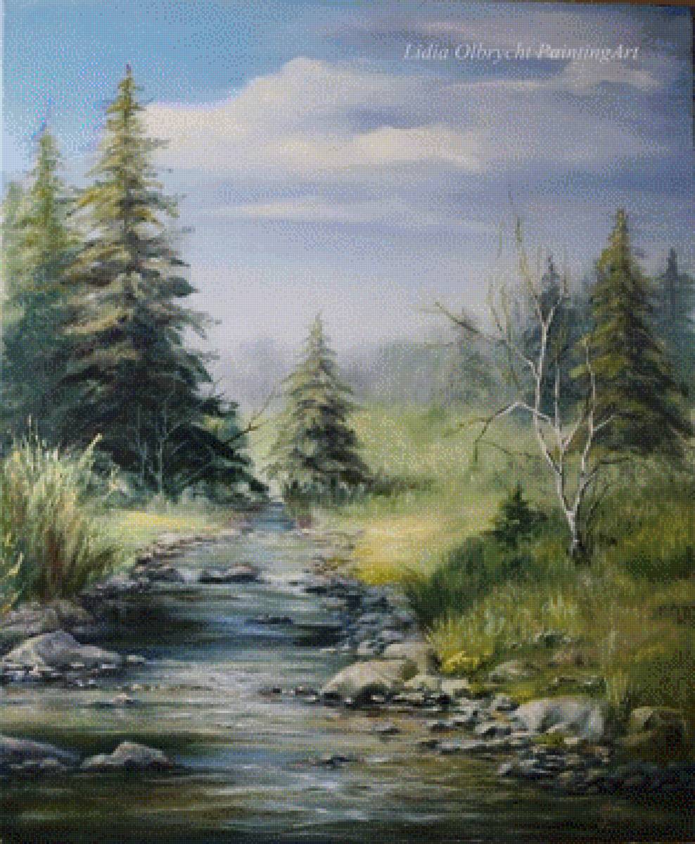 Летний лес - озеро, ели, березы, лес - предпросмотр