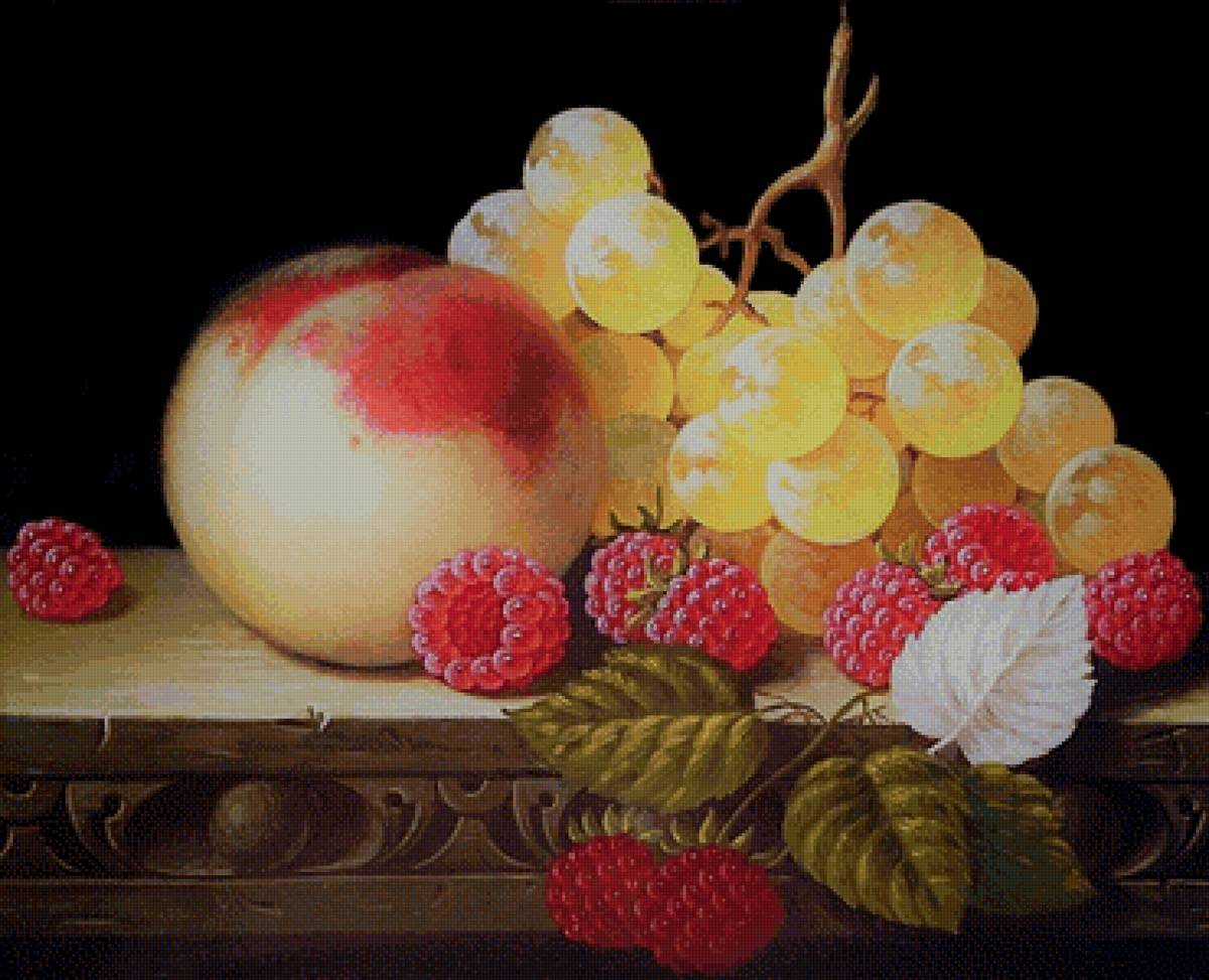 натюрморт - виноград, натюрморт, персик, малина, живопись, фрукты - предпросмотр