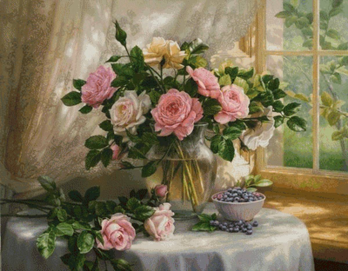 Натюрморт с черникой - букет, цветы, розы - предпросмотр