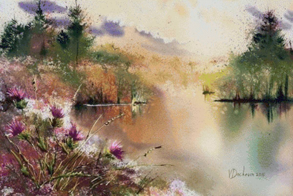 Венета Дочева - цветы, пейзаж, вода, акварель, утро - предпросмотр