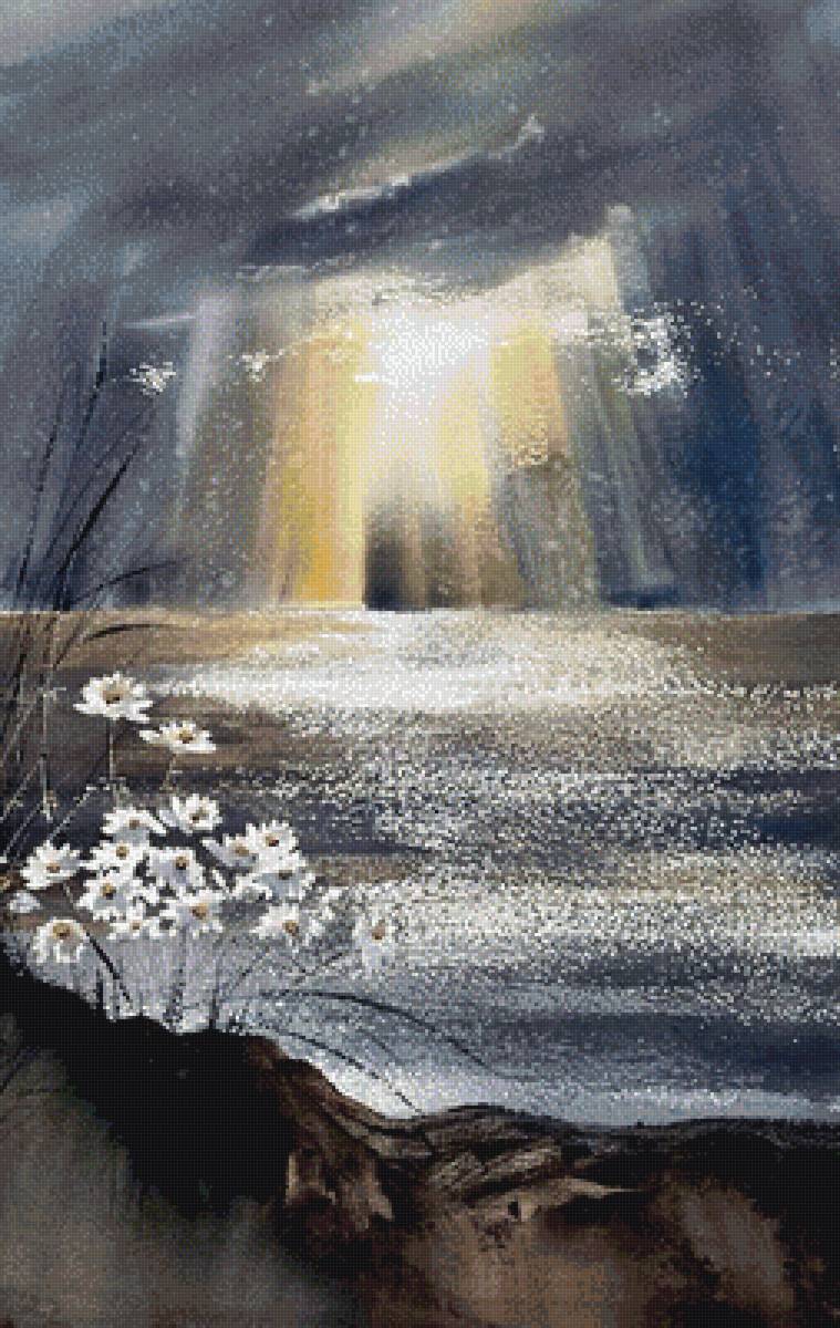 Венета Дочева - пейзаж, вода, акварель, лето, ромашка - предпросмотр