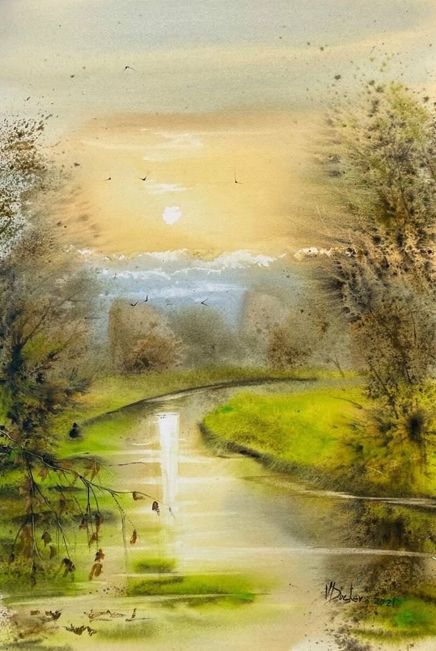 Венета Дочева - акварель, дерево, пейзаж, лето, лес, вода - оригинал