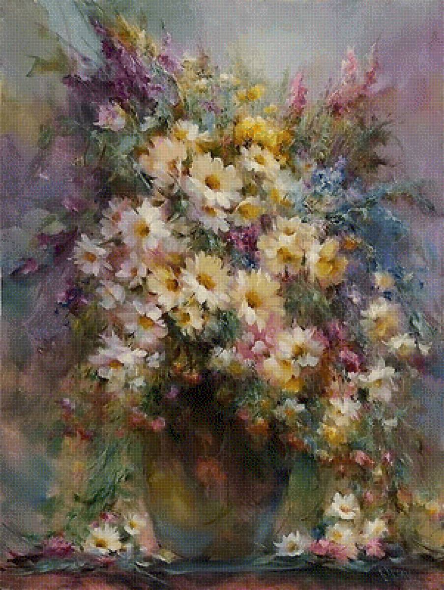 цветы - хризантемы, ромашки, осень, ваза, цветы, дубки - предпросмотр