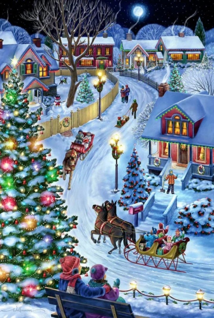 Рождество - елка, зима, дети, сани, рождество - оригинал