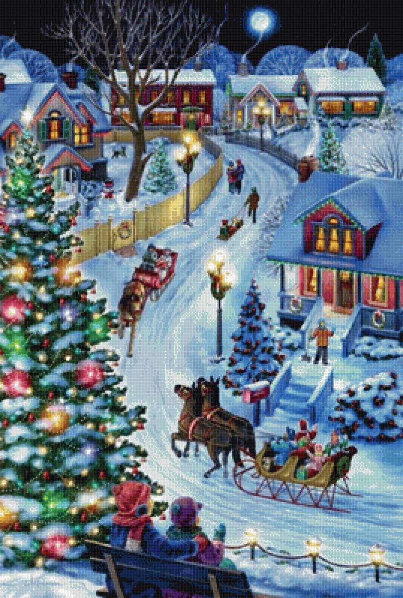 Рождество - елка, дети, зима, сани, рождество - предпросмотр