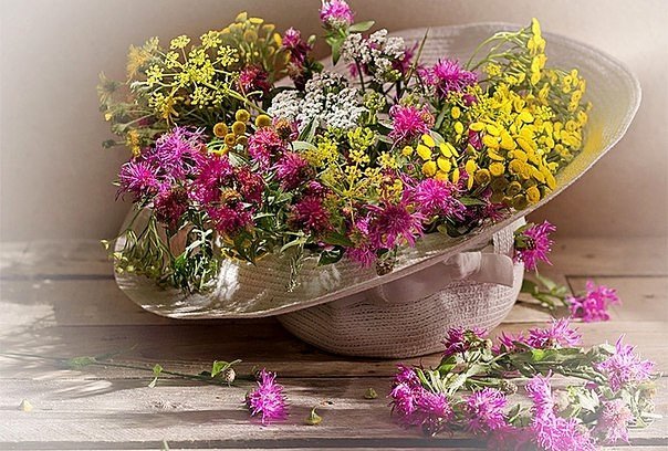 букет - цветы, лето, натюрморт, шляпа - оригинал