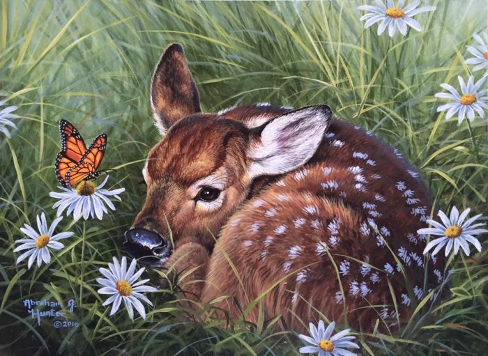 картины абрахама хантера - природа, олененок, лес, ромашки, бабочка - оригинал