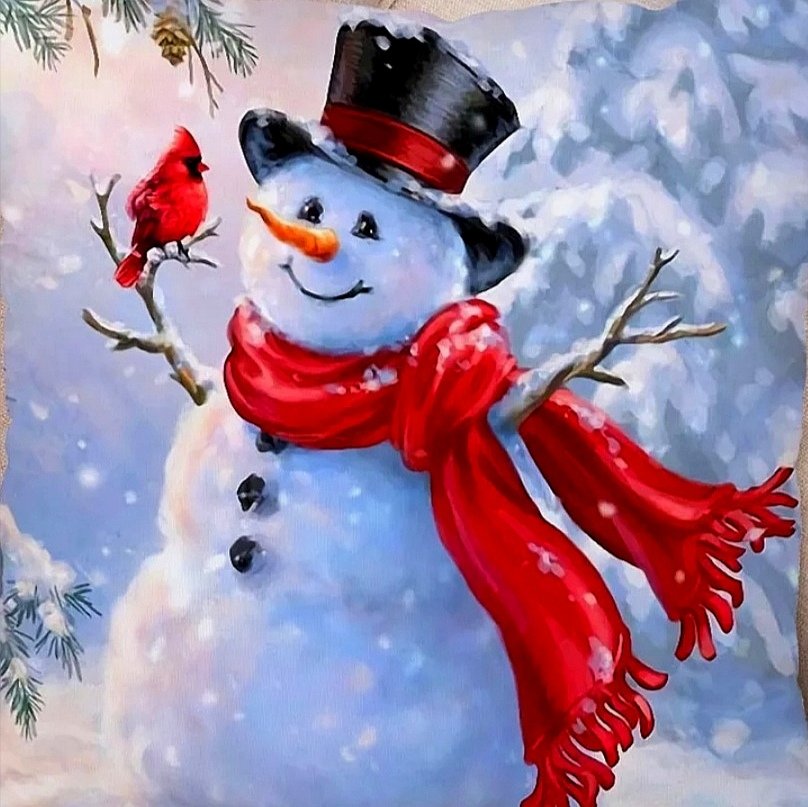 Снеговик - зима, снеговик, новогодняя подушка, новый год, снег - оригинал