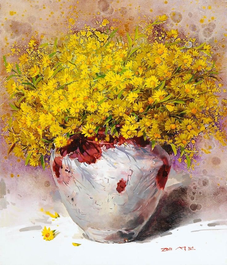 Букет - горшок, полевые цветы, букет, желтые, цветы - оригинал