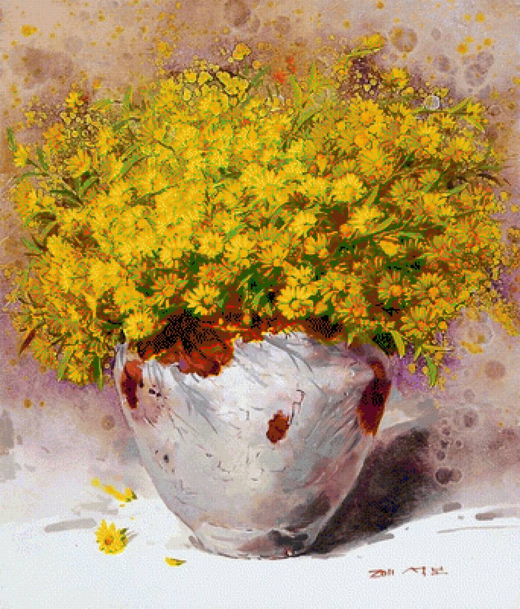 Букет - горшок, букет, желтые, цветы, полевые цветы - предпросмотр