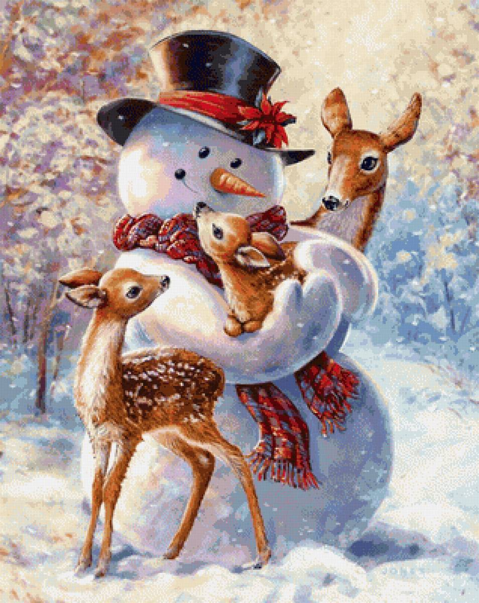 Снеговик и лесные друзья) - сказка, снеговик, рождество, зима, оленята - предпросмотр