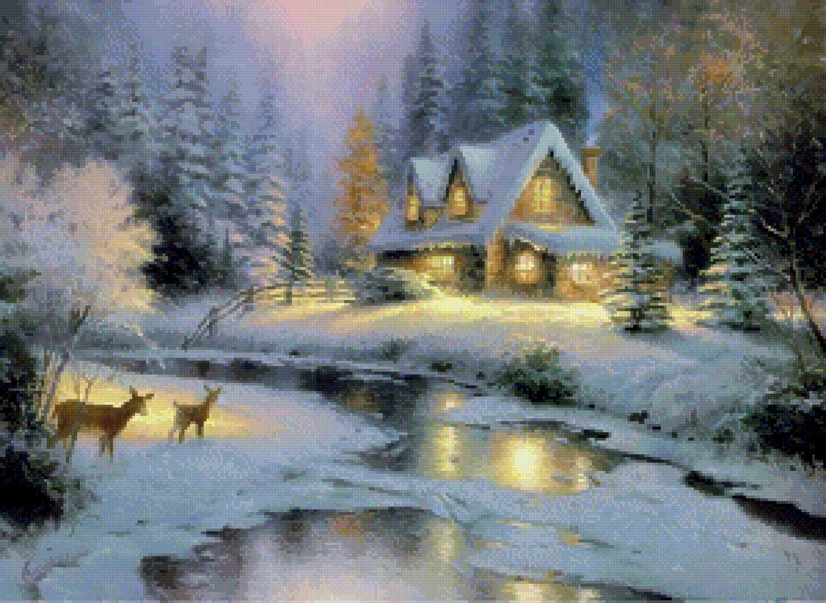 Томас Кинкейд. Коттедж у оленьего ручья. - олени, пейзаж, лес, елочки, зима, домик, томас кинкейд - предпросмотр