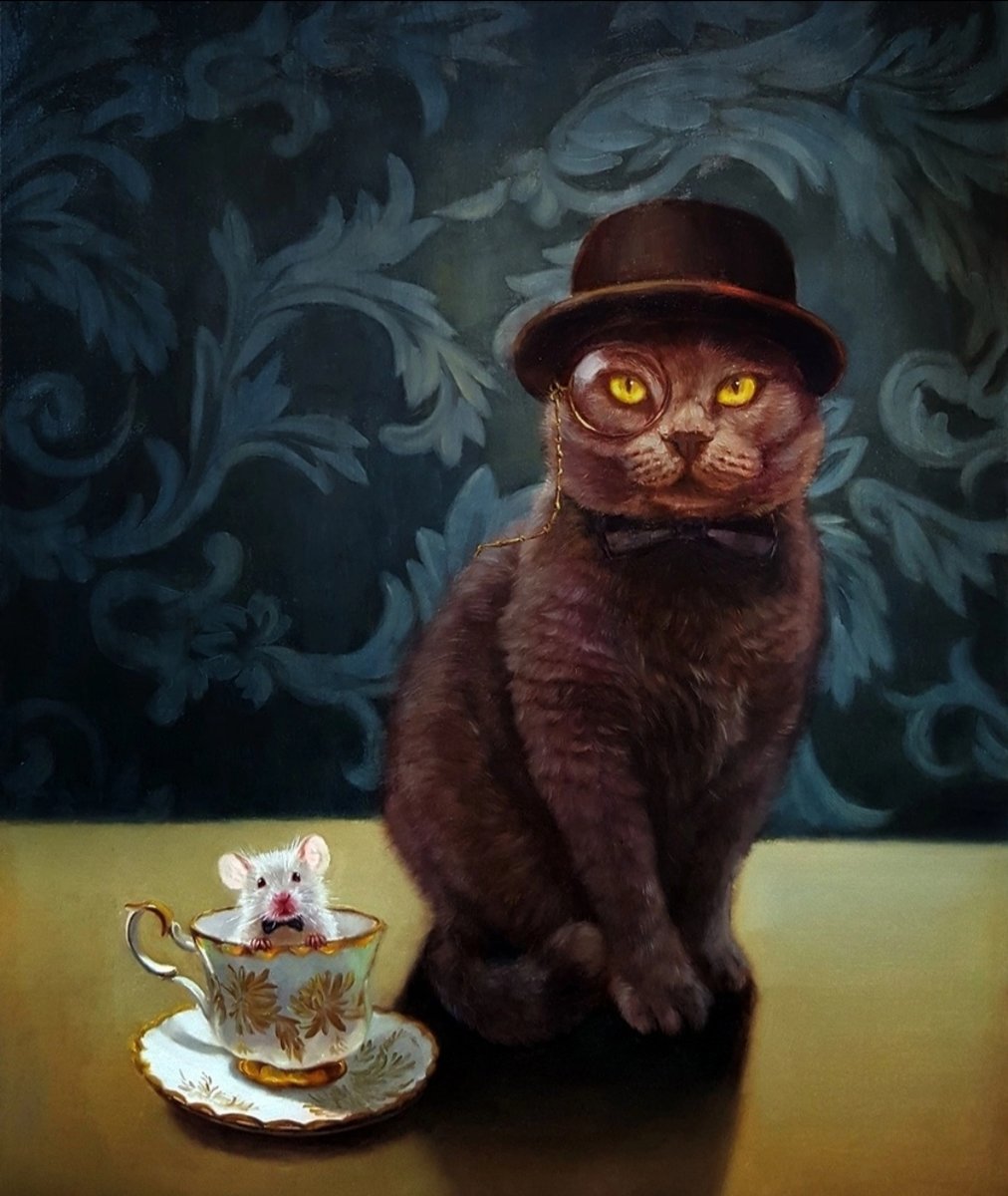 Кот и мышь - животные, живопись, кошки, кошачий портрет, картина - оригинал