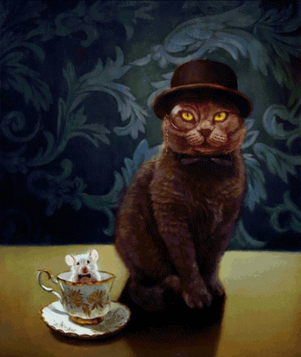 Кот и мышь - кошки, картина, живопись, кошачий портрет, животные - предпросмотр