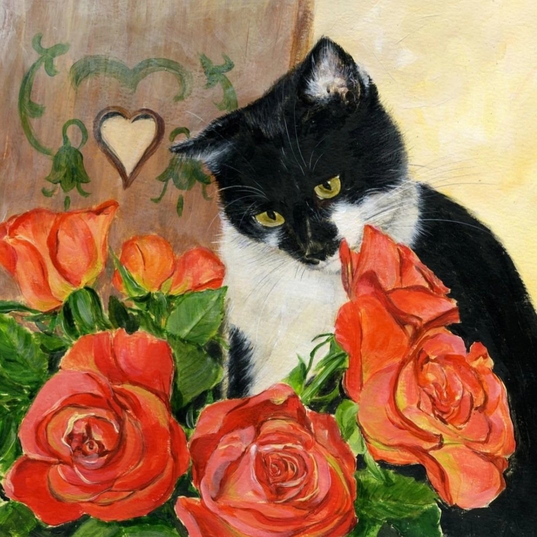 Кот и розы - кошачий портрет, кошки, картина, живопись, животные - оригинал