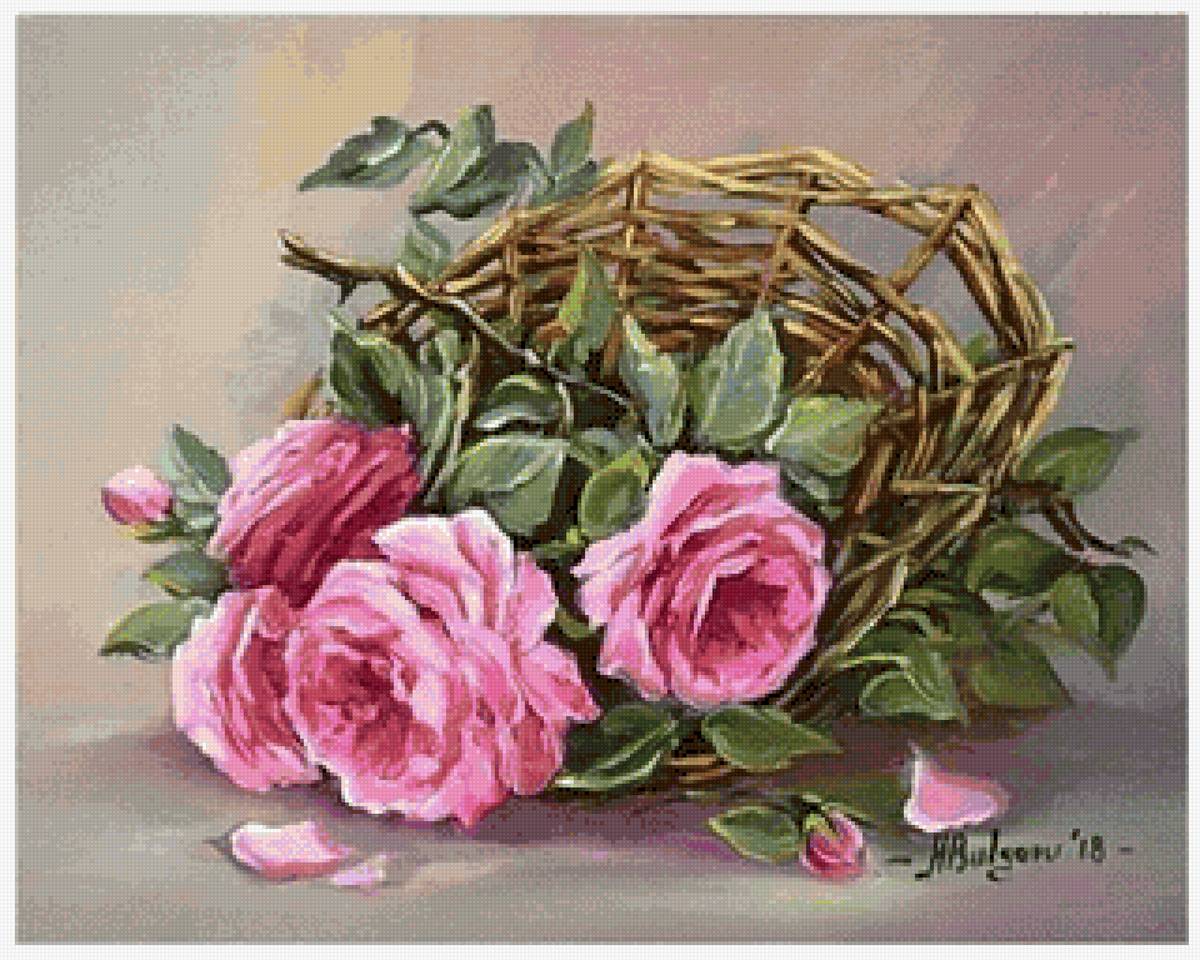 Корзина с розами - розы, живопись, цветы - предпросмотр