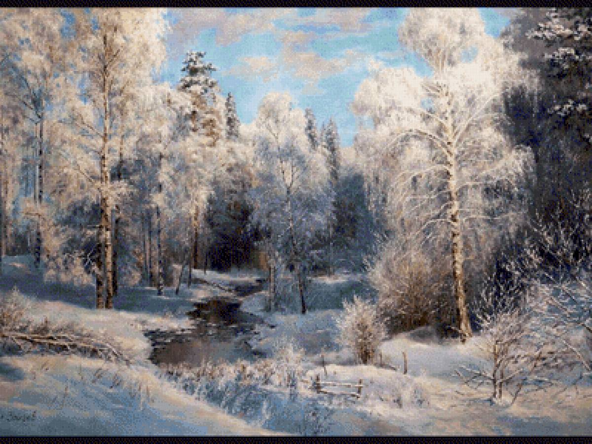 Зимний пейзаж - живопись, снег, пейзаж, зима, лес - предпросмотр