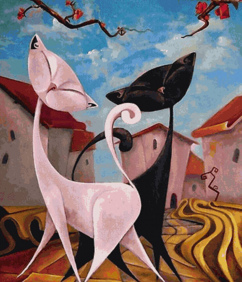 сердечные коты - абстракция, кот, картина - предпросмотр