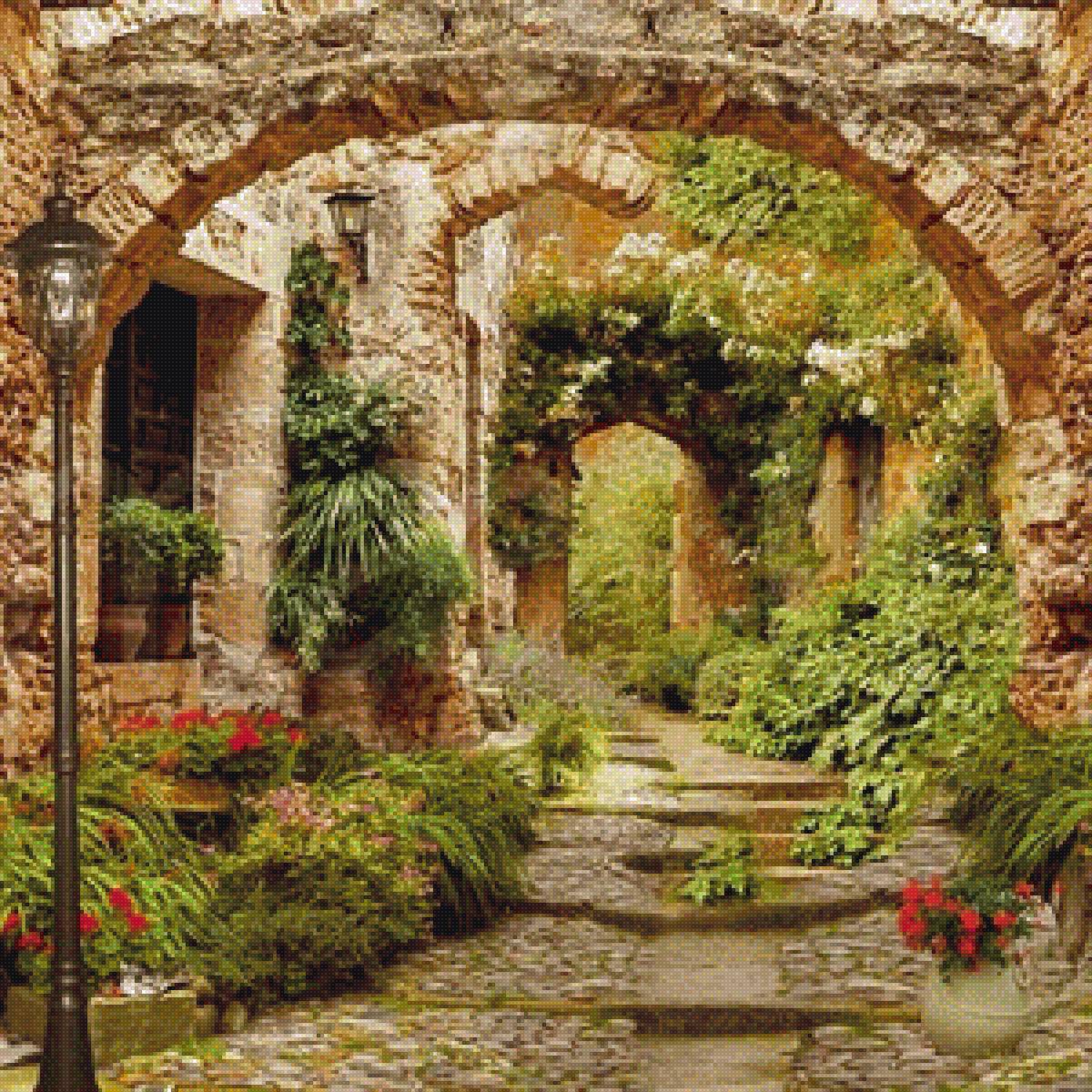 Старинная арка - цветы, арка, улочка - предпросмотр
