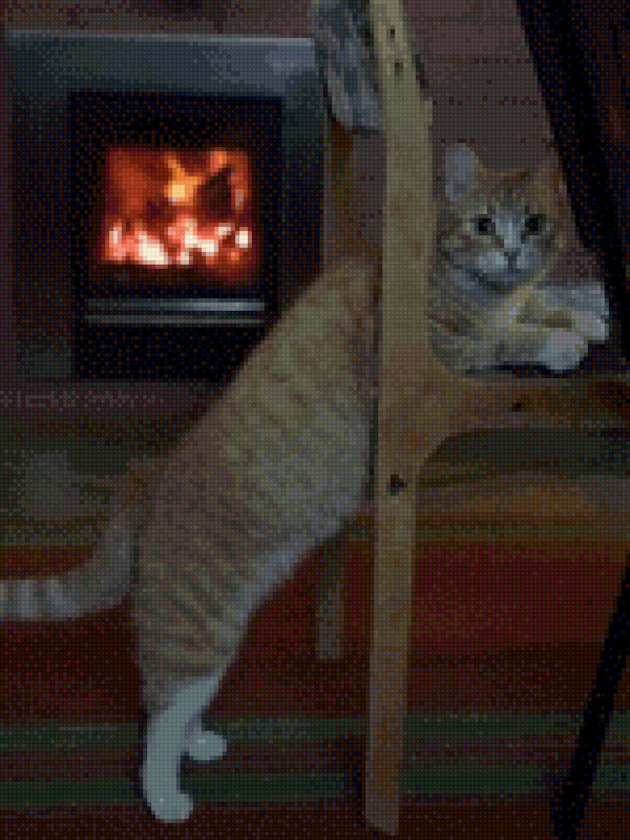 Кошка Ресси - огонь, камин, кошка - предпросмотр