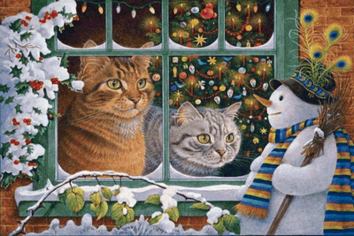 Новогодние коты - животные, кошачий портрет, картина, кошки, живопись - предпросмотр