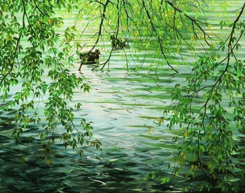 Пейзаж - озеро, уточки - оригинал