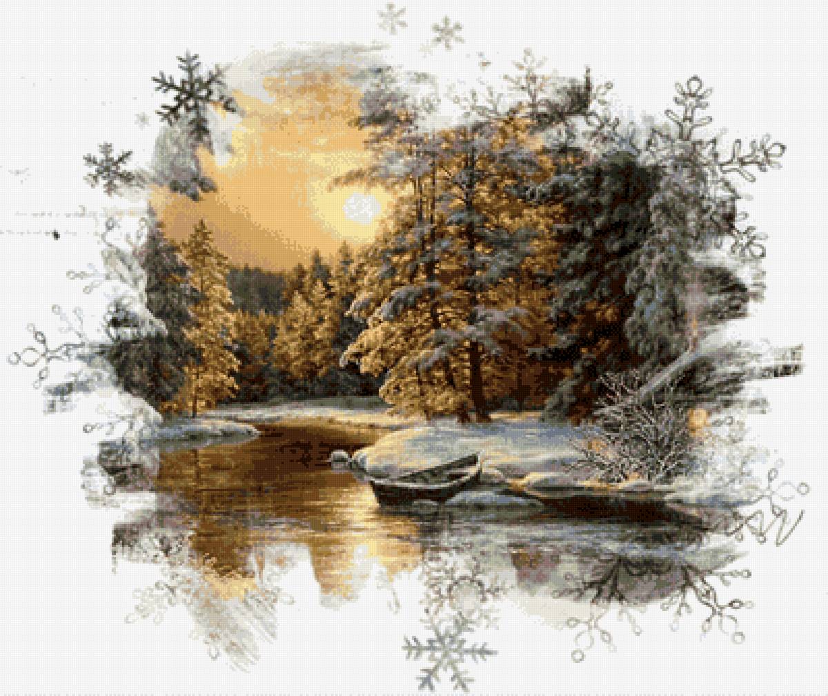 Зимнее утро - пейзаж живопись, домик - предпросмотр