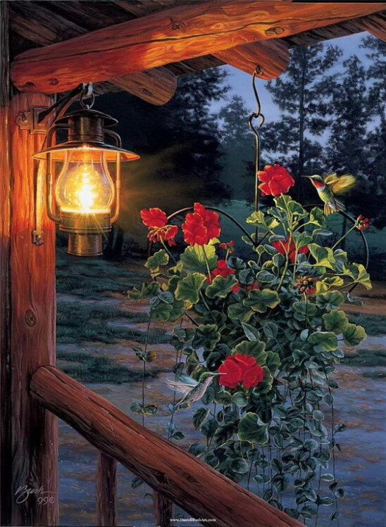 Фонарь и птицы - цветы, вечер, лес, фонарь, дом, птицы - оригинал