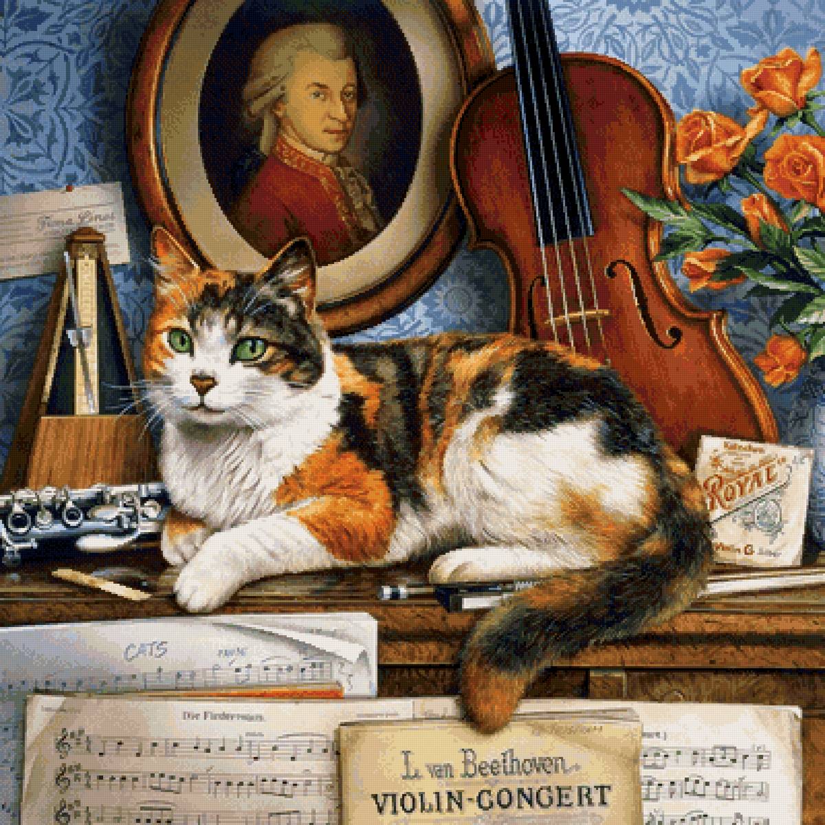 Гершвин - картина, кот, музыка, ноты, цветы - предпросмотр