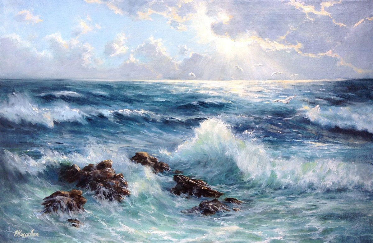 Море - волны, скалы, море, чайки, пена, прибой - оригинал