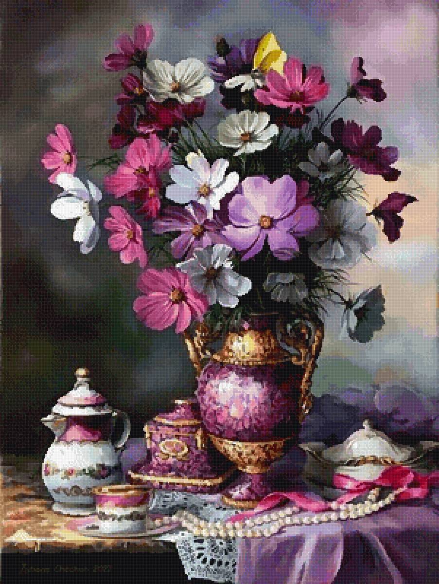 Космеи - бусы, сиреневый, фарфор, цветы, букет, ваза - предпросмотр