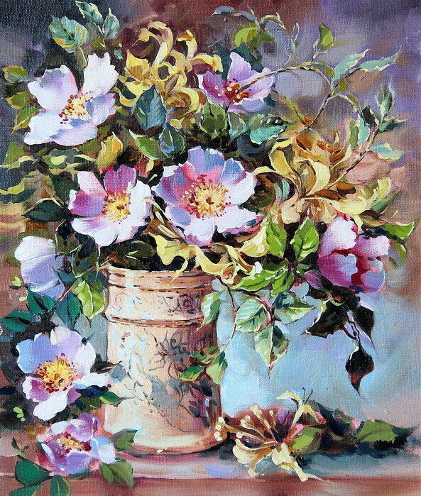 Букет шиповника - ваза, листья, цветы, букет - оригинал