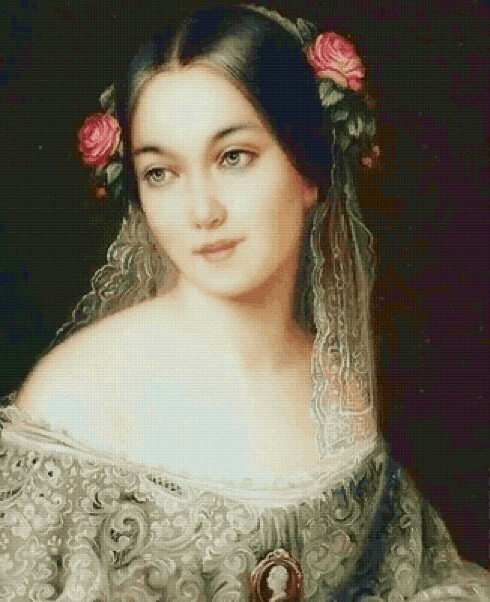 Портрет девушки - камея, венок, розы, девушка, кружева - предпросмотр